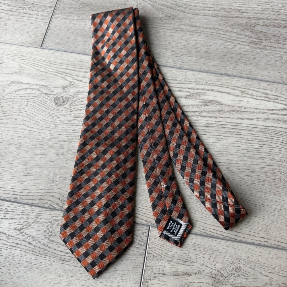 Countess Mara Silk Tie Picnic Plaid Handmade | Brown Black Orange | 57"L‎ 3.5"W